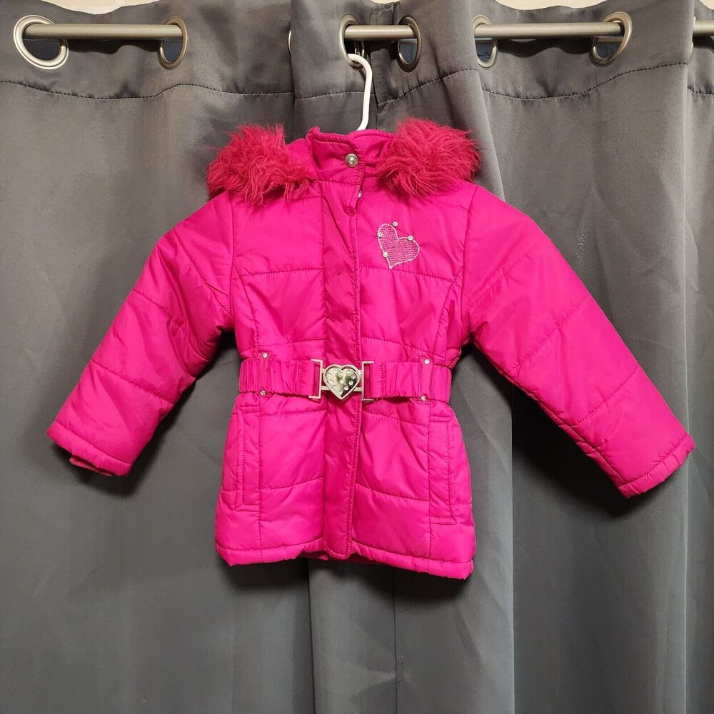 Girl2Girl Girl's Puffer Hot Pink Fur Trim Hood Heart Belted Coat Size 2-3